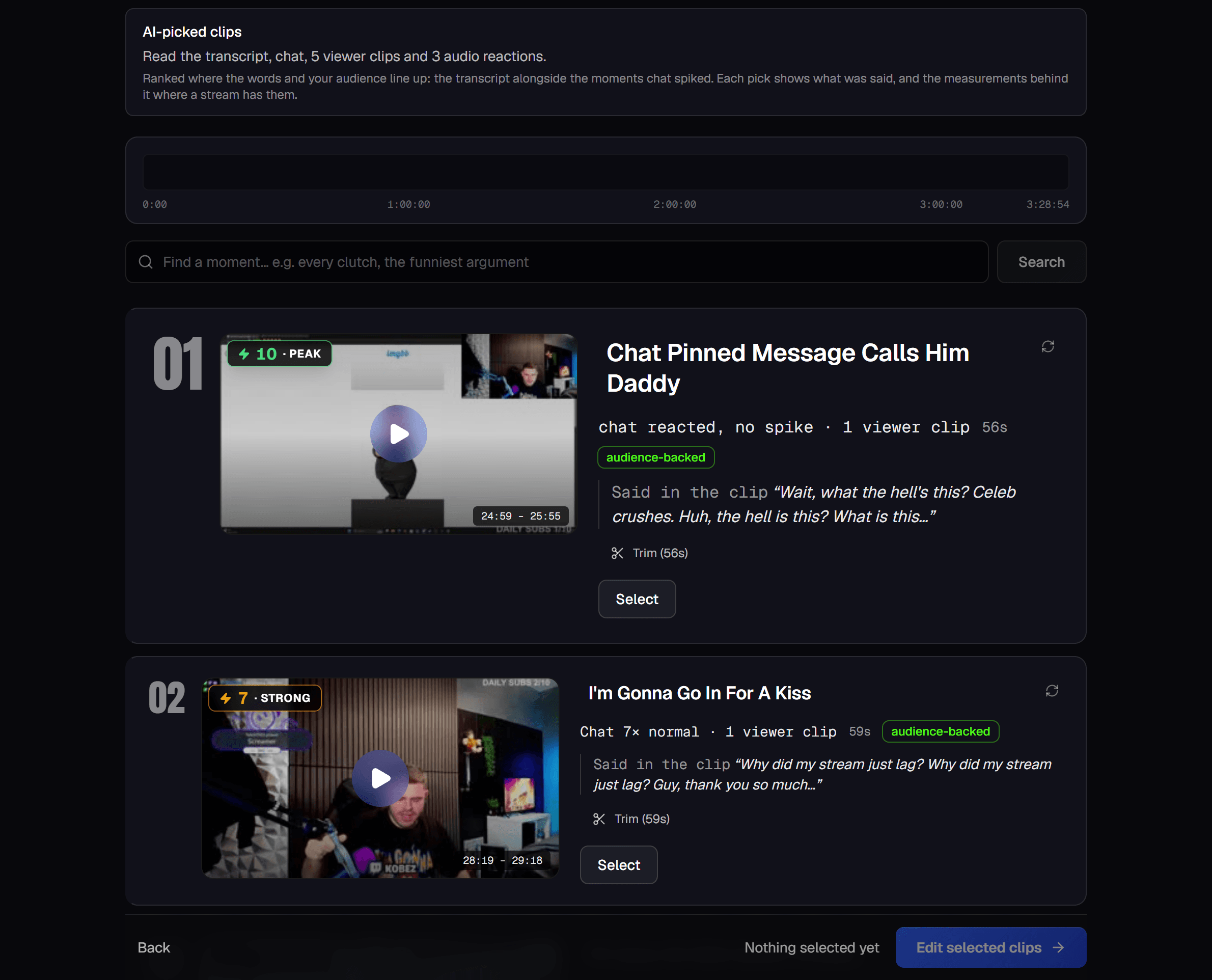 Reelium's ranked clip picker with playable moments, viewer evidence, transcripts and trim controls.