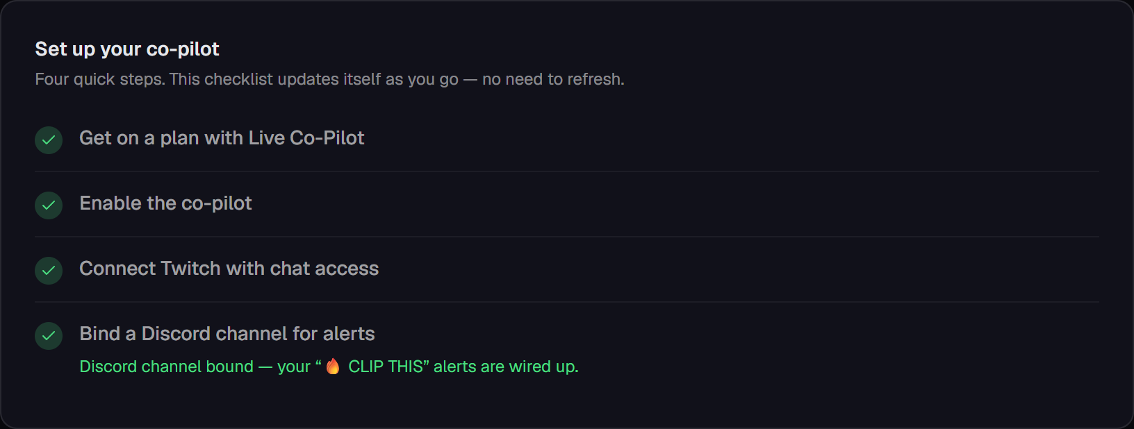 The real Live Co-Pilot setup checklist, showing plan, enable, Twitch chat and Discord connection steps.